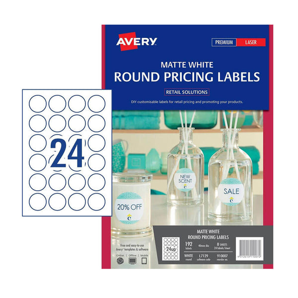 Avery Round Laser Labels 40mm 8pk (24/sheet)