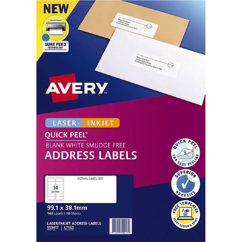 Étiquettes d'adresse Avery Laser Inkjet Quick Peel