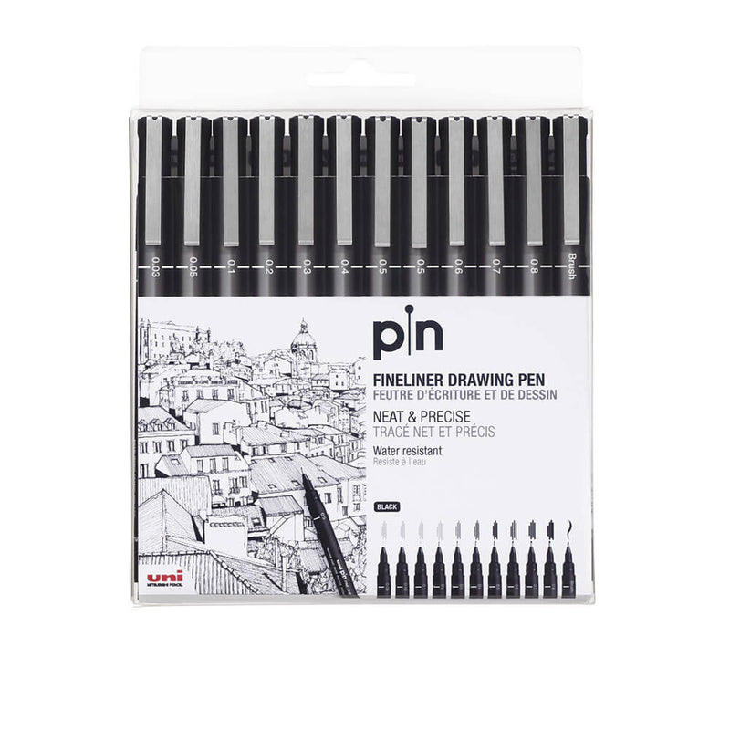Stylo à dessin à lignes fines Uni Pin, 12 pièces (noir)